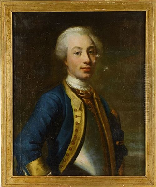 Portratt Forestallande Generalmajor Cornelius Loos Ikladd Brostharnesk Med Forgyllda Beslag Och Bla Uniformsrock Med Gul Krage, Gula Uppslag Och Forgyllda Knappar, Guldgalonerad Trikorn Under Vanster Arm - Midjebild Oil Painting by Johann Henrik Scheffel