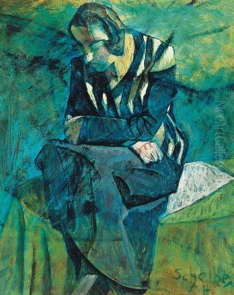 No Csikos Ruhaban - Woman In Striped Dress Oil Painting by Hugo Scheiber