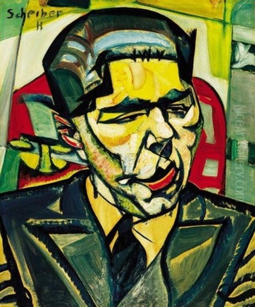 Ferfiarckep Telefonnal - Punkosti Andor Arckepe (portrait Of A Man With A Phone - The Portrait Of Andor Punkosti) Oil Painting by Hugo Scheiber