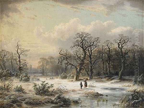 Vinterlandskap Med Mor Och Barn Oil Painting by Carl Ludwig Scheins