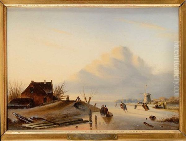 Patineurs Sur Un Canal Gele Oil Painting by Andreas Schelfhout