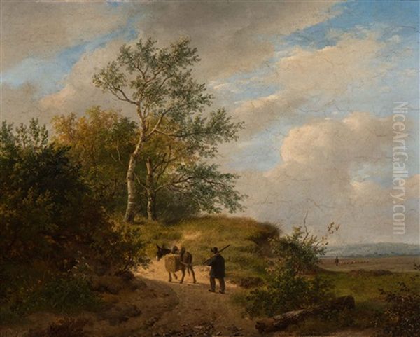 Farmer And Donkey On A Heathland Path, A Shepherd With Flock In The Background Oil Painting by Andreas Schelfhout