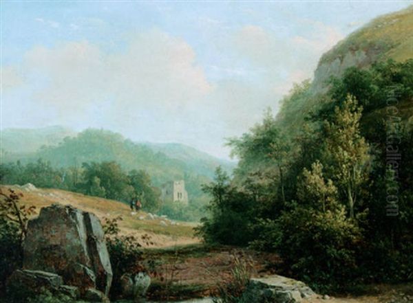 Figures In A Hilly Landscape Oil Painting by Andreas Schelfhout