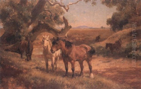 Horses Grazing Oil Painting by Jan Hendrik Scheltema