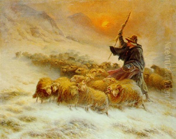 Berger Et Moutons Dans La Neige Oil Painting by August Friedrich Albrecht Schenck