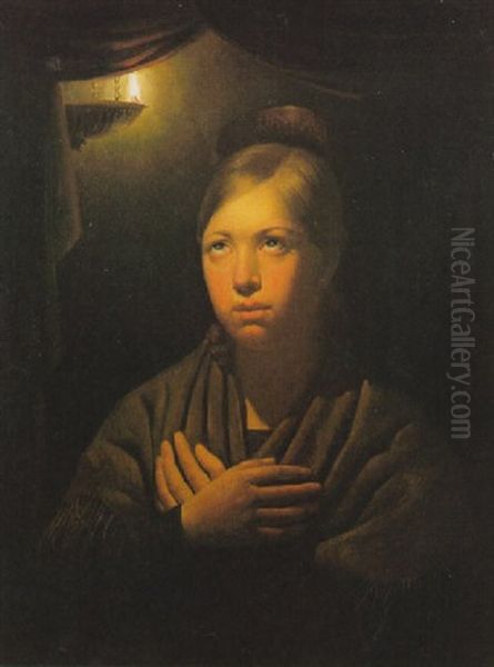 Meisje Bij Kaarslicht Oil Painting by Petrus van Schendel