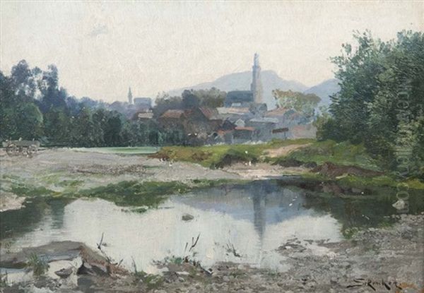 Ortschaft Hinter Einer Flusslandschaft Oil Painting by Jacques Matthias Schenker