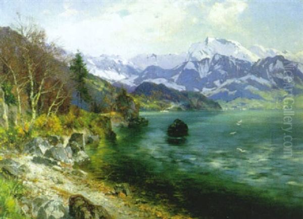 Blick Von Der Bucht Von Beckenried Gegen Vitznau Oil Painting by Jacques Matthias Schenker