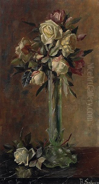 Weise Rosen In Gruner Stangenvase Oil Painting by Rosa Scherer