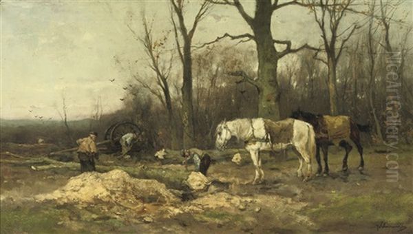 Wood-cutters On The Edge Of A Forest Oil Painting by Johan Frederik Cornelis Scherrewitz