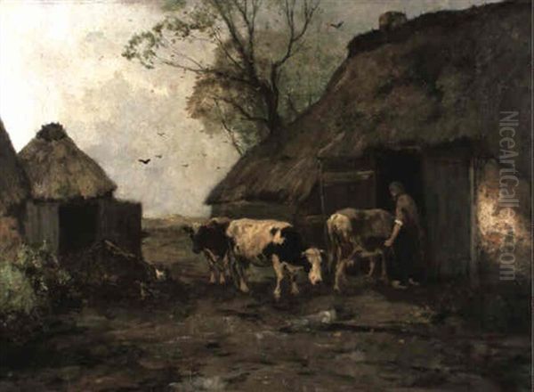 Herding Cattle Into A Barn Oil Painting by Johan Frederik Cornelis Scherrewitz
