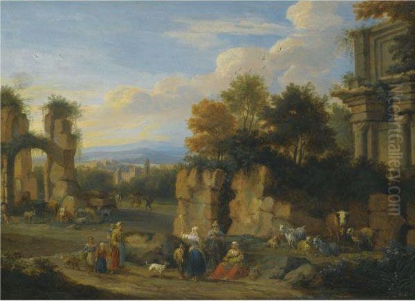 An Italianate Landscape With Figures Resting Near Ruins Oil Painting by Pieter Bout Brussels