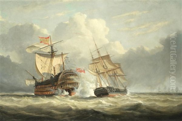 Captain Richard Bowen's 38-gun Frigate Terpsichore Engaging The Mighty 136-gun Spanish 4-decker Santissima Trinidad On 1st March 1797, Two Weeks After The Battle Of Cape St. Vincent Oil Painting by John Christian Schetky