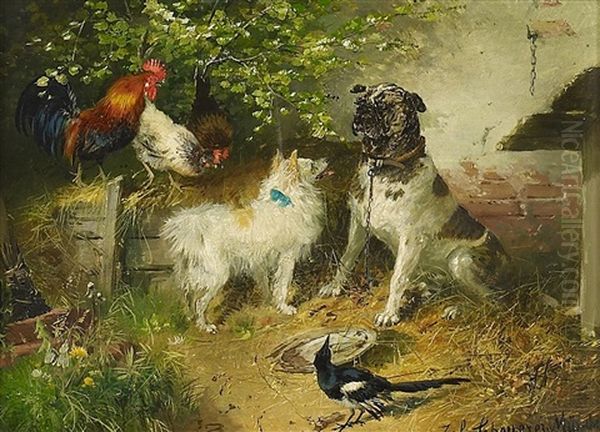 Federvieh Vor Dem Hundestall Oil Painting by Julius Scheuerer