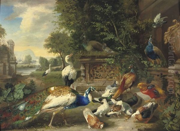 A Feathered Feast Oil Painting by Julius Scheuerer