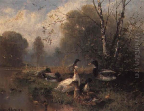 Ducks By A Pond Oil Painting by Julius Scheuerer