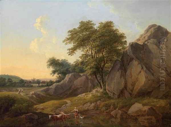 Weidelandschaft Mit Hirtin Oil Painting by Franz Scheyerer