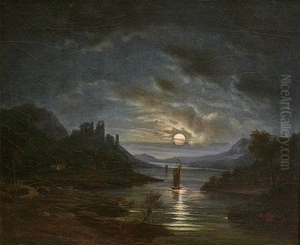 A Moonlit River Landscape With The Ruins Of A Castle (metternich Castle, Moselle?) Oil Painting by August Ferdinand Schiertz