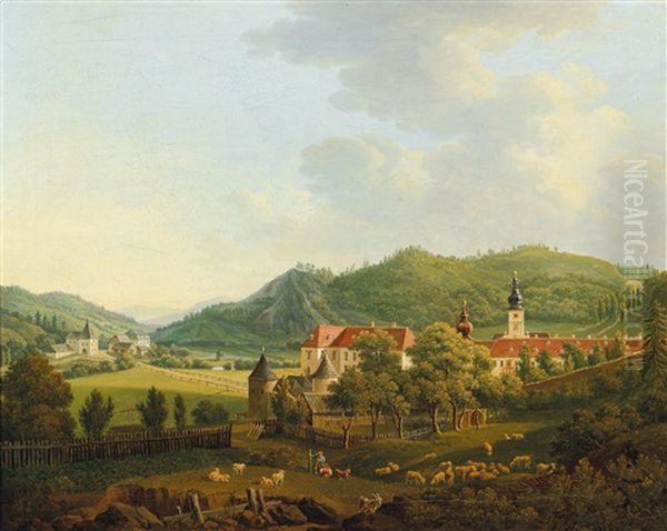 Open Landscape With Monastery Oil Painting by Anton Schiffer