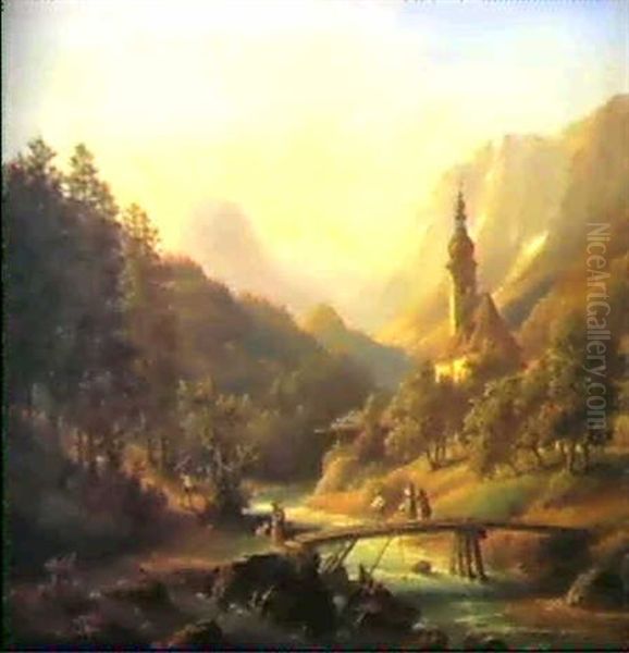 Die Pfarrkirche In Der Ramsau Mit Den Muhlsturzhornern Oil Painting by Anton Schiffer