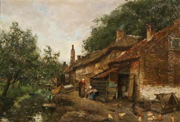 Farmhouse With Two Women Oil Painting by Martinus Schildt