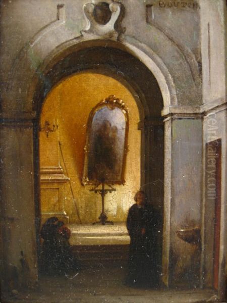 Figures Under A Cathedral Archway Oil Painting by Charles Marie Bouton