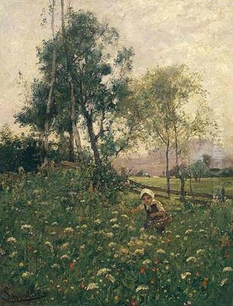 In Der Blumenwiese (picking Wild Flowers) Oil Painting by Emil Jacob Schindler
