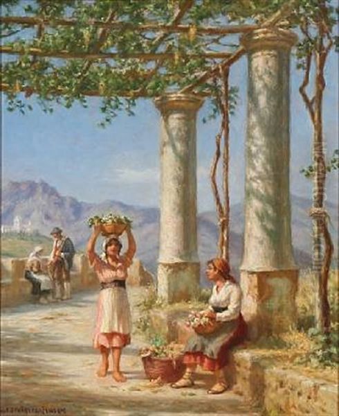 A Pergola With Italian Women, In The Background A Town And Mountains Oil Painting by Niels Frederik Schiottz-Jensen
