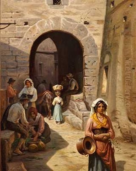 Italiensk Gadescene Oil Painting by Niels Frederik Schiottz-Jensen