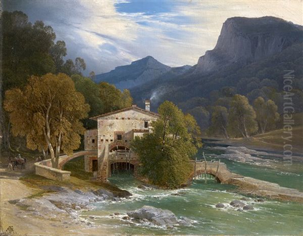 Sudliches Tal Mit Wassermuhle Oil Painting by August Wilhelm Ferdinand Schirmer