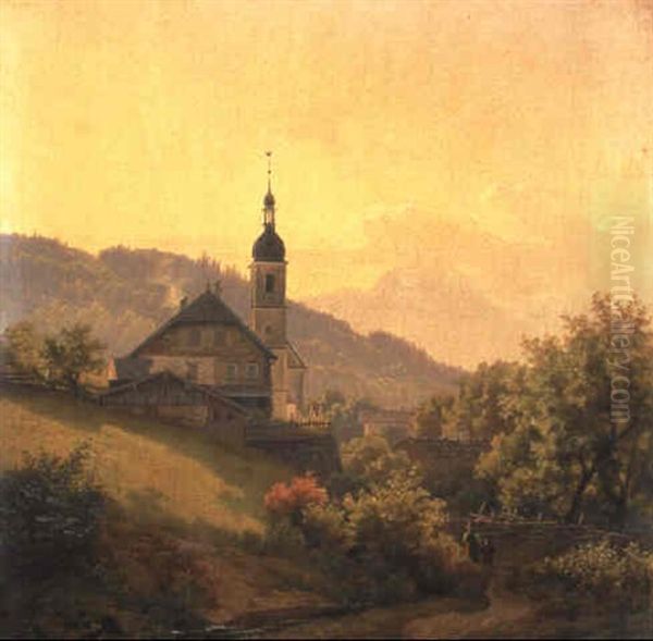 Bergdorf Mit Kirchturm In Ged,mpfter Herbstsonne Oil Painting by Eduard Schleich the Elder