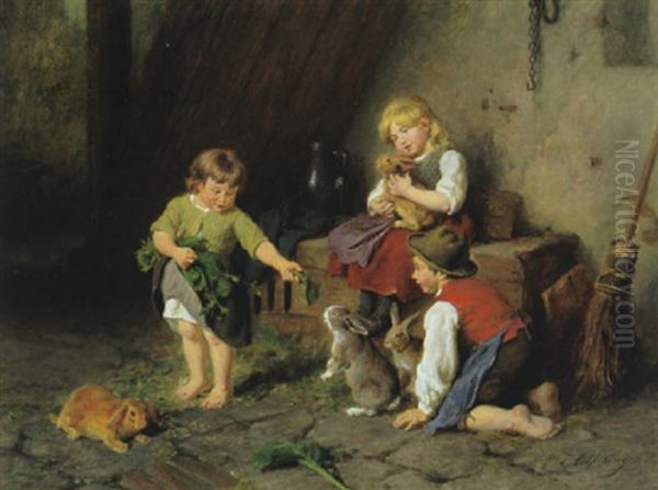 Zwei Madchen Und Ein Bub Mit Hasen Oil Painting by Felix Schlesinger