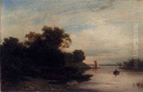 Figures In A Boat On A Riverside Oil Painting by August Eduard Schliecker