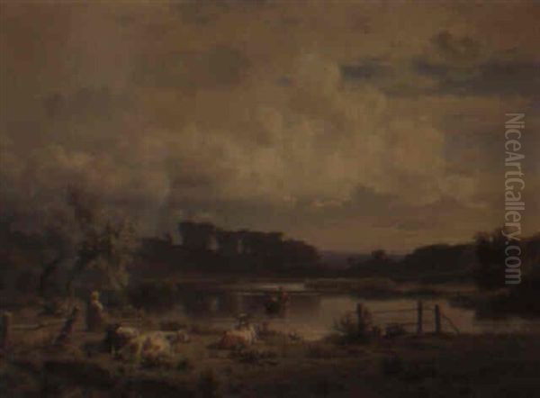 Kuhhirtin Am Flus Oil Painting by Max Schmidt
