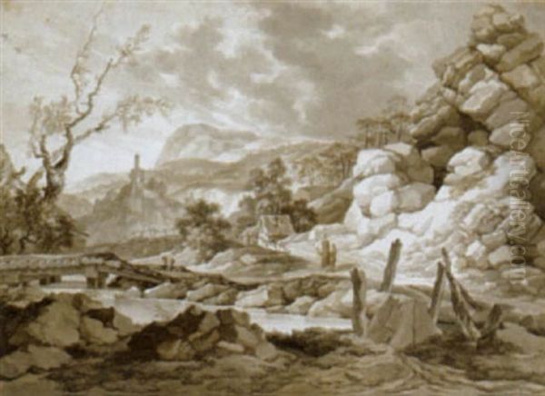 Felsige Bergige Landschaft Mit Flusquerung Und Wanderern Oil Painting by Jakob Matthias Schmutzer