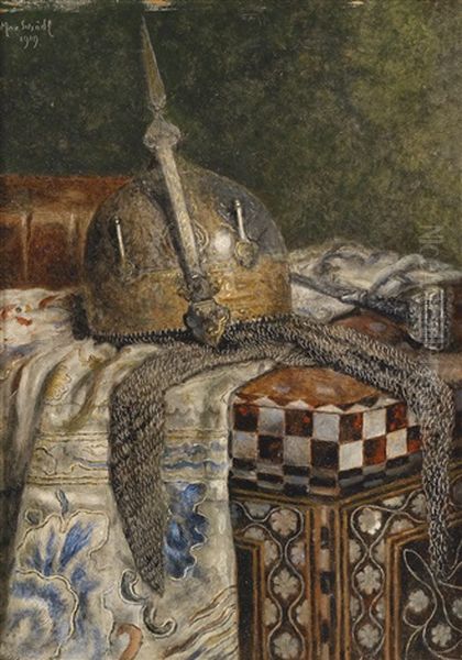 Stillleben Mit Sarazenenhelm Und Anderen Orientalischen Gegenstanden Oil Painting by Max Schoedl
