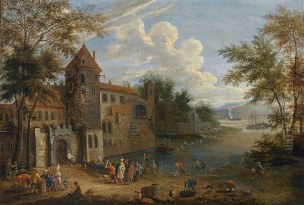 Beim Entladen Des Fischfangs; Winterliche Vergnugungen (pair) Oil Painting by Mathys Schoevaerdts