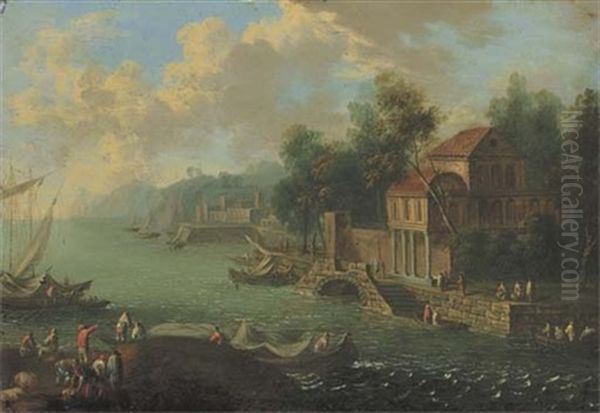 A Coastal Landscape With Fishermen On The Shore And Elegant Figures Promenading By A Villa Oil Painting by Mathys Schoevaerdts