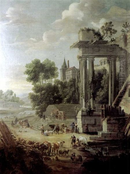 Paysans Pres Des Ruines D'un Temple Oil Painting by Mathys Schoevaerdts