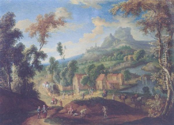 Peasants And Travellers In A Road By A Village In A Mountainous Landscape Oil Painting by Mathys Schoevaerdts