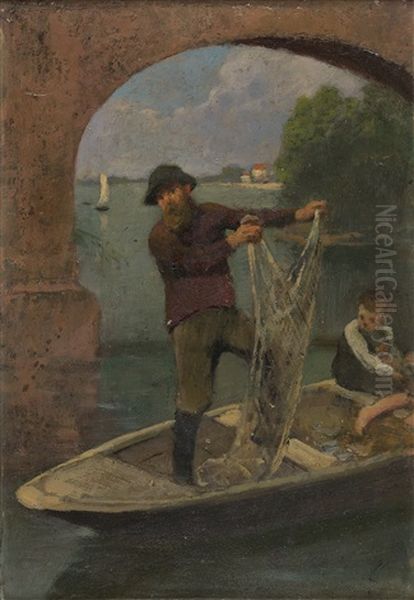 Kahn Mit Netzauswerfendem Fischer Oil Painting by Otto Scholderer