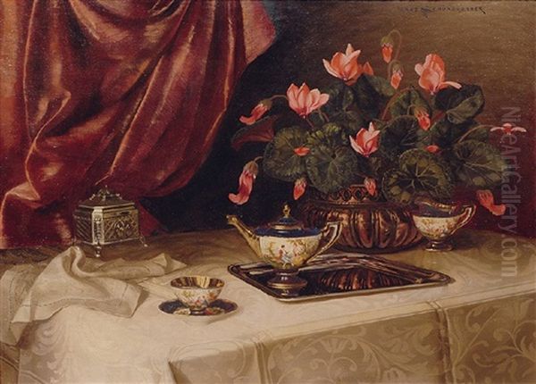 Stilleben Mit Teeservice Und Alpenveilchen Oil Painting by Ignaz Schoenbrunner the Elder