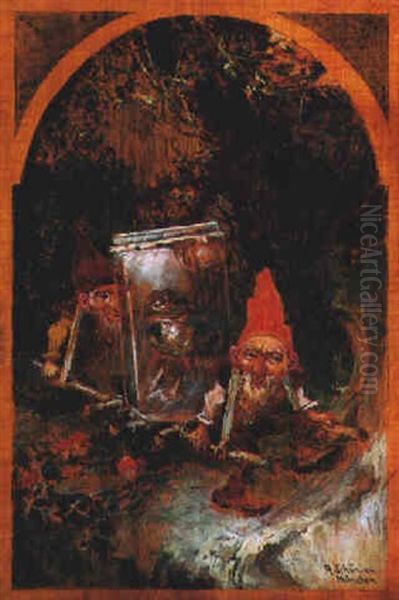 Zwei Zwerge Tragen Einen Frosch Im Glas Uber Den Waldboden Oil Painting by Alfred Schoenian