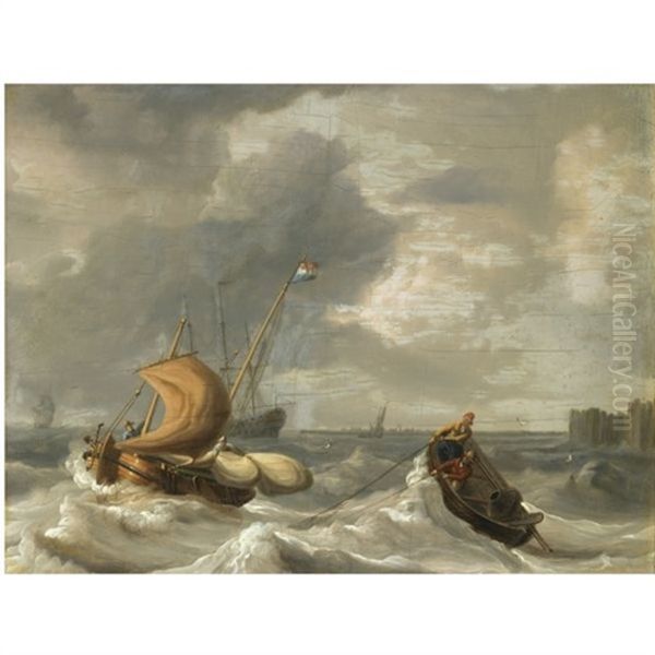 Hauling In The Nets Oil Painting by Johannes Christiaan Schotel