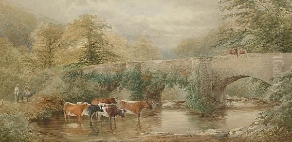 Cattle By A Bridge With Figures Looking On Oil Painting by S. Bowers