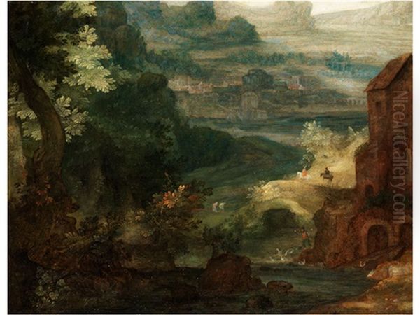 Baumlandschaft Mit Flusstal, Ruine Und Figurenstaffage Oil Painting by Pieter Schoubroeck