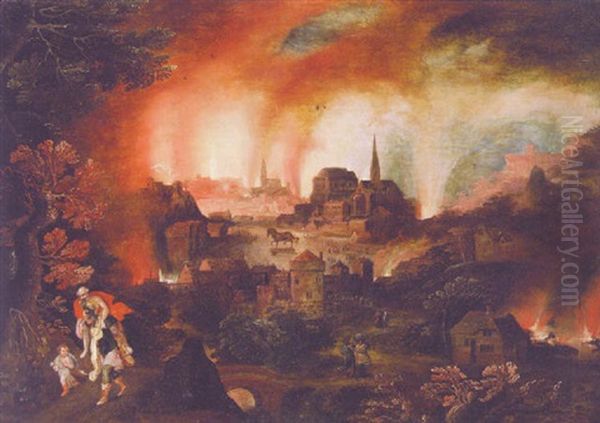 Aeneas Carrying His Father From Burning Troy Oil Painting by Pieter Schoubroeck