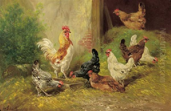 A Cockerel And Chickens In A Farmyard Oil Painting by Henry Schouten