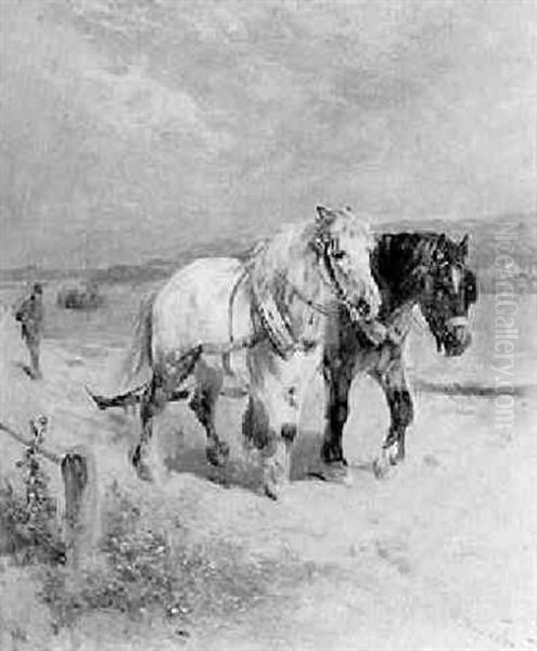 Draught Horses Pulling A Barge Oil Painting by Henry Schouten