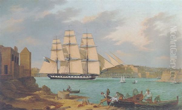 A Frigate Leaving The Grand Harbour At Valetta Oil Painting by Anton Schranz